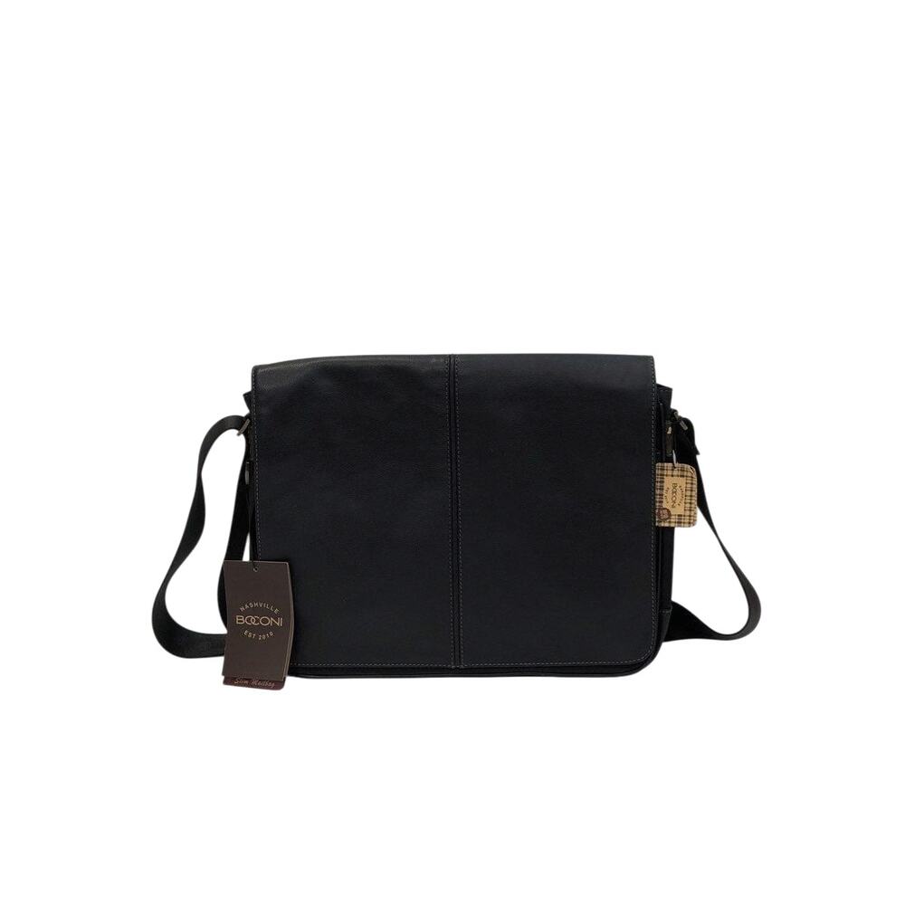 Boconi Black Leather Slim Mailbag Messenger Laptop Bag Shoulder Strap 15"x3"x13"